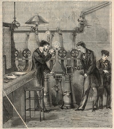 Pneumatikus posta Párizsban - Pneumatikus posta vagy pneumatikus posta Párizsban - Gravírozás a "" Sciences mise à la range de tous - physics et chimie populaires"-be Alexis Clerc - 19. század vége - Magángyűjtemény alkotó: French School