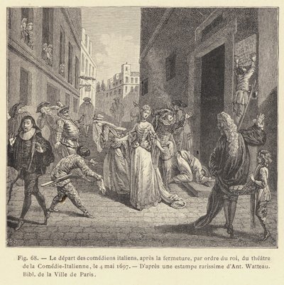Az olasz színészek távozása a Comedie-Italienne színházának a király parancsára történő bezárása után, 1697. május 4. (metszet) alkotó: French School