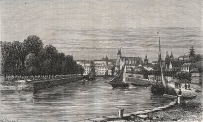 Le port de Vannes (Morbihan, Franciaország)// Vannes kikötője (Morbihan, Franciaország) - metszet a „La France illustrée: geographie, histoire, Administrationstatistique”-ben, V.-A. Malátabarna. 1884 alkotó: French School