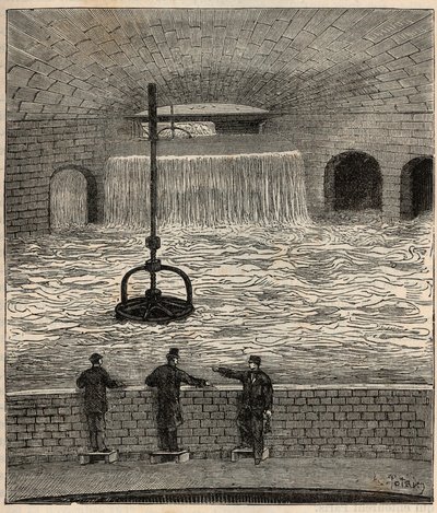 Le reservoir de Montsouris (reservoir de la Vanne), Párizs öt fő víztározójának egyike – Bevésve a „” Tudományok a rostélyra került – fizika és kémia” szövegbe, Alexis Clerc – 19. század vége – Magángyűjtemény alkotó: French School
