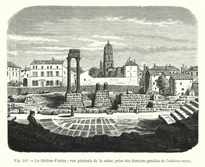 Az arles-i színház; a színpad általános képe, az ultima cavea utolsó lelátóiból (metszet) alkotó: French School