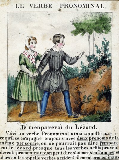 Lecke a névmási igékről. A „La grammaire en images” című szórólap-albumban, 1850 körül. alkotó: French School