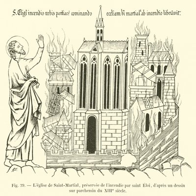 A Saint-Martial-templom, amelyet Saint Eloi őriz meg a tűztől, egy 13. századi pergamenrajz után alkotó: French School