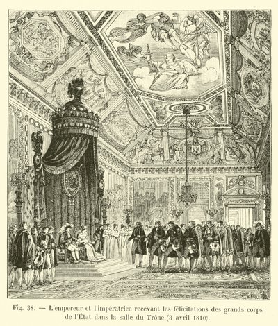 A császár és a császárné gratulációkat fogadott az Állami Nagy Hadtesttől a trónteremben, 1810. április 3. alkotó: French School