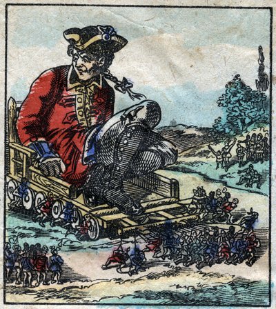 Lemuel Gullivert, a foglyot a liliputiak vontatta kocsin szállítják. Illusztráció a Gulliver utazásaihoz, Jonathan Swift (1667-1745). Epinális képalkotás a 19. század végén. alkotó: French School