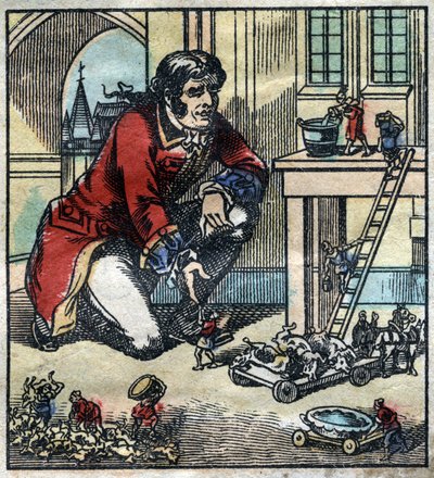 Lemuel Gulliver a liliputi hadsereg tanácsadója. Illusztráció a Gulliver utazásaihoz, Jonathan Swift (1667-1745). Epinális képalkotás a 19. század végén. alkotó: French School