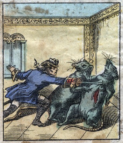 Lemuel Gulliver patkányokkal küzd Brobdingnag óriásainak földjén. Illusztráció a Gulliver utazásaihoz, Jonathan Swift (1667-1745). Epinális képalkotás a 19. század végén. alkotó: French School