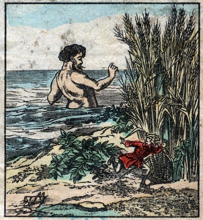 Lemuel Gulliver elbújik egy óriás elől Brobdingnagban. Illusztráció a Gulliver utazásaihoz, Jonathan Swift (1667-1745). Epinális képalkotás a 19. század végén. alkotó: French School
