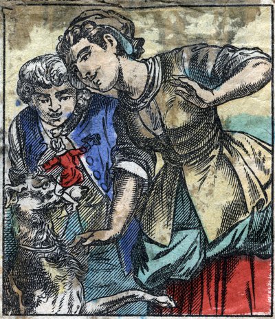 Lemuel Gulliver Brobdingnag óriásainak földjén. Illusztráció a Gulliver utazásaihoz, Jonathan Swift (1667-1745). Epinális képalkotás a 19. század végén. alkotó: French School