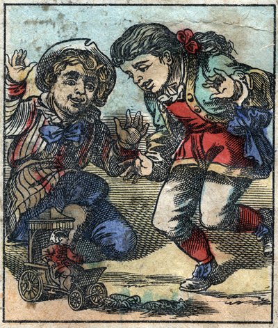 Lemuel Gullivert játékként használják Brobdingnag óriásgyermekei. Illusztráció a Gulliver utazásaihoz, Jonathan Swift (1667-1745). Epinális képalkotás a 19. század végén. alkotó: French School