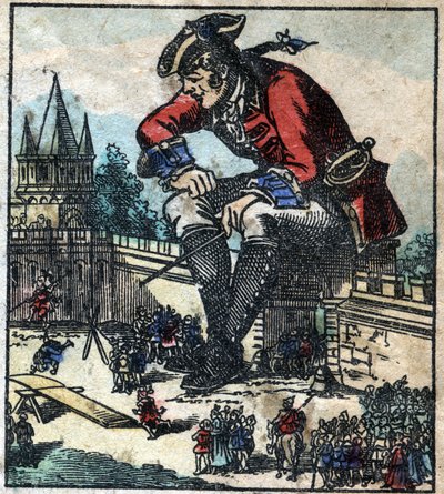 Lemuel Gulliver a város erődfalán ülve magyarázza a stratégiát a liliputi hadseregnek. Illusztráció a Gulliver utazásaihoz, Jonathan Swift (1667-1745). Epinális képalkotás a 19. század végén. alkotó: French School