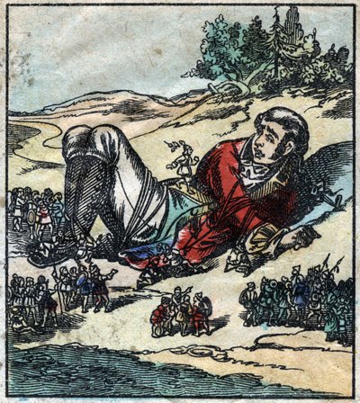 Lemuel Gulliver felébredt hajótörése után, és a liliputiak fogságába esett. Illusztráció a Gulliver utazásaihoz, Jonathan Swift (1667-1745). Epinális képalkotás a 19. század végén. alkotó: French School