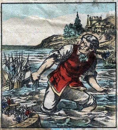 Lemuel Gullliver a Blefuscu-hadsereg hajóit a főváros Lilliput kikötőjébe lőtte. Illusztráció a Gulliver utazásaihoz, Jonathan Swift (1667-1745). Epinális képalkotás a 19. század végén. alkotó: French School
