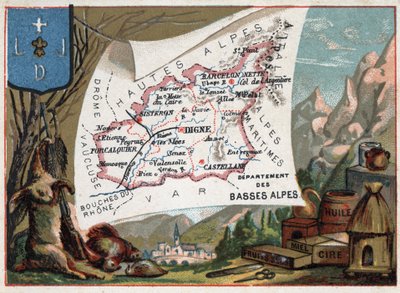 Les Basse Alpes (Basse-Alpes), Alpes-de-Haute-Provence mai megye (Alpes de Haute-Provence 04), Franciaország. Helyi specialitás: vadászat, viasz, méz, aszalt gyümölcsök és olaj. Sorozat a francia minisztériumokról. Kromolitográfia (Chromo) „” a földrajzi alkotó: French School