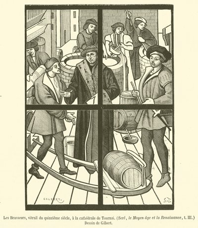 The Brewers, 15. századi ólomüveg ablak, Tournai székesegyházában (metszet) alkotó: French School