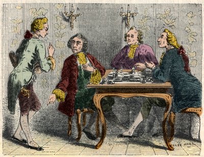 A párizsi Procope kávézó sakkozói a 18. században – Edmond Texier 1852-es metszete „Tableau-de-Paris”-ban alkotó: French School