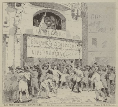 Les Manifestations Boulangistes, Rue Montmartre, La distribution des cocardes (metszet) alkotó: French School