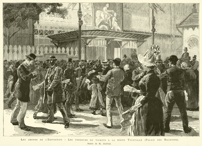 A kiállítás környezete, Jegyárusok a Tourville-kapunál, Palais des Machines, M Guilliod rajza (metszet) alkotó: French School