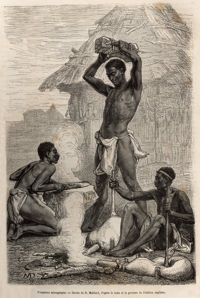 Les smiths mannganyas, a Loualaba folyó (a mai Kongó folyó) mentén fekvő faluban, metszet D.Maillard rajza után, amely David Livingstone utolsó naplóját (1813-1873) illusztrálja, 1866-1873-ban, megjelent a „” Le tour”-ban du monde”” 1875, szerkesztette alkotó: French School