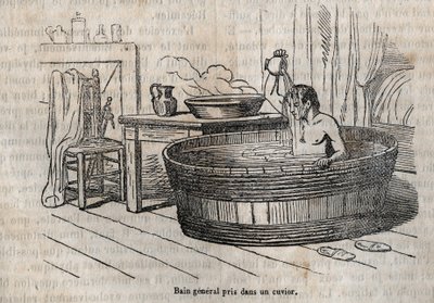 Fürdőgesztusok - Higiénia a 19. században - Fürdés tálban - Metszet a „La Sante Universelle - Guide Medical des Familles” 1852-ben alkotó: French School