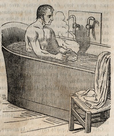 Fürdőgesztusok - Higiénia a 19. században - Férfi fürdőkádban - Metszet a "La Sante Universelle - Guide Medical des Familles"-ben 1852 alkotó: French School