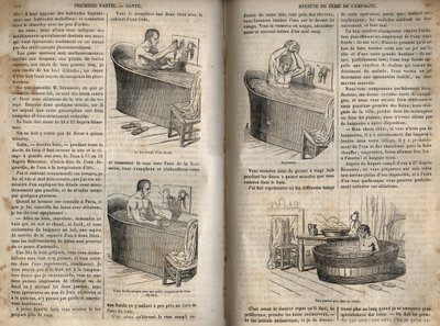 Fürdőgesztusok - Higiénia a 19. században - Férfi fürdőkádban - Metszet a "La Sante Universelle - Guide Medical des Familles"-ben 1852 alkotó: French School
