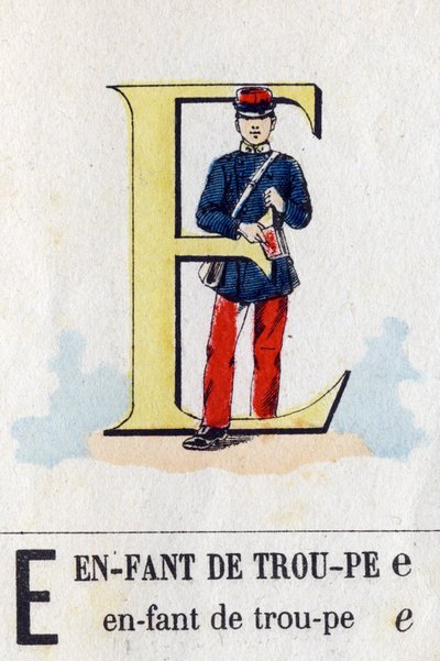 E betű csapatgyerekként. Katonai ábécé. Epinal képalkotása, 1870-1880 körül. Stencil színű fametszetek alkotó: French School