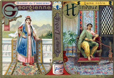 G betű mint grúz kaukázusi hölgy és H mint hindu nemes hölgy. Női ábécé. 12 képből álló sorozat. Liebig reklám alkotó: French School