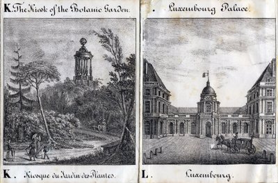 K betű A Jardin des Plantes és az L Palais du Luxembourg kioszkja – "Alphabet Picturesque des Monumens de Paris" 1840 körül (metszet) alkotó: French School