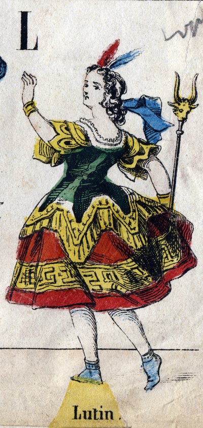 L betű: Manó. Metszet "ábécé maskara". Új Epinal képalkotás. Nyomda-litográfia Pinot et Sagaire, szerkesztők, Epinal, 19. század második fele. Ná 491 tábla 25 világító betűvel. Mérete: 40,5x28 cm alkotó: French School