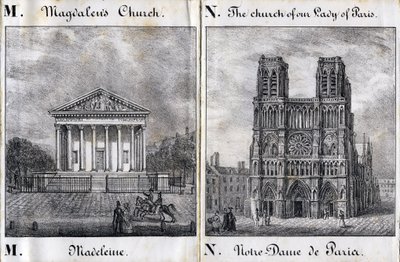 M betű Madeleine és N Notre-Dame de Paris (Notre Dame de Paris) - "Alphabet Picturesque des Monumens de Paris" c.1840 (metszet) alkotó: French School