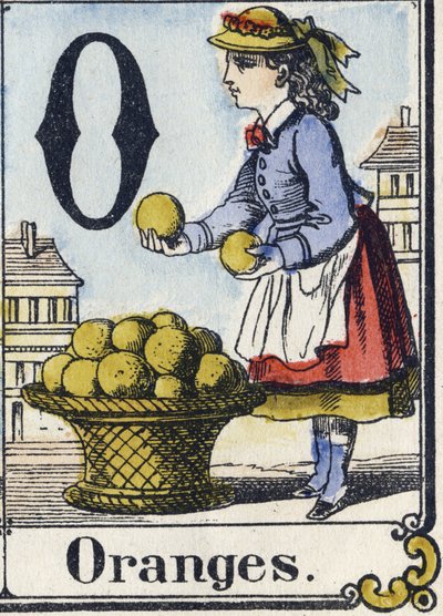 O betű: Narancs. Rekreatív ábécé. Epinális képalkotás. Stencilezett fametszetek, 1880 körül. 16 oldalas kis füzet alkotó: French School