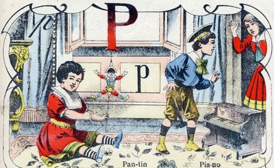 P betű Pantin Piano. "ABC des joux pour petits boys" gravírozás. Pont-a-Mousson, Louis Vagne, nyomdász-kiadó képalkotása, 19. század vége. Mérete: 32,5x25 cm alkotó: French School