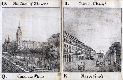 Levél Q és A: A virágdokk és a Rivoli utca - "Alphabet Picturesque des Monumens de Paris" c.1840 (metszet) alkotó: French School