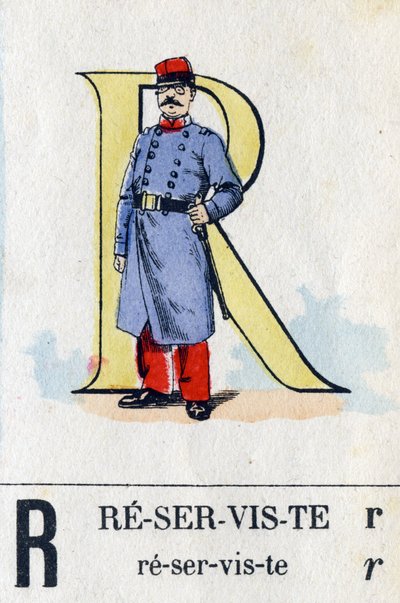 R betű mint tartalékos. Katonai ábécé. Epinal képalkotása, 1870-1880 körül. Stencil színű fametszetek alkotó: French School