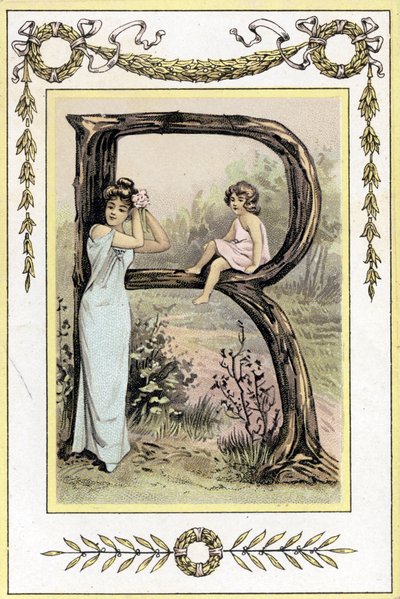 Az anyát és lányát ábrázoló R betű, 19. század vége (kromolitográfia) alkotó: French School