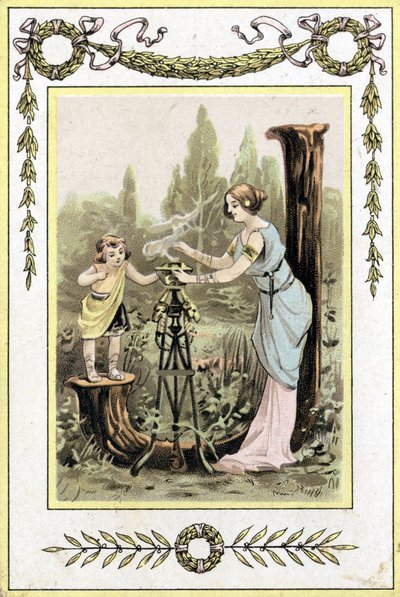 Anyát és lányát ábrázoló levél, 19. század vége (kromolitográfia) alkotó: French School