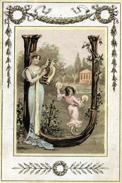Lírán játszó anyát és timpánokkal táncoló lányát ábrázoló levél, 19. század vége (kromolitográfia) alkotó: French School