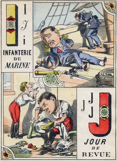 Letters I and J: Marine Infantry and Review Day. Metszet "Comic Military Alphabet"-ben. Ötödik sorozat. Epinális képalkotás. Pellerin és Cie, Nyomtatók, Epinal, 19. század vége. 16 oldal. Mérete: 25x18,5 cm alkotó: French School