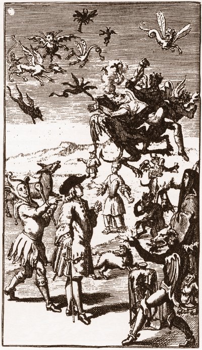 A démonok megidézése, Laurent Bordelon (1653-1730) „Monsieur Oufle extravagáns képzeletének története” című metszet 1710-ből alkotó: French School