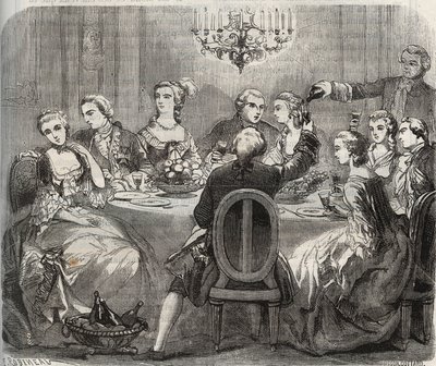 Libertinage: VII. Christian (1749-1808), Dánia és Norvégia királya a Marie Madeleine Guimard (1743-1816) táncosnő által Pantin házában szervezett szabadelvű lakomán. Metszet 1871-ből Henry de Kock (1819-18) „Histoire Des Cocus Celebres” c. alkotó: French School
