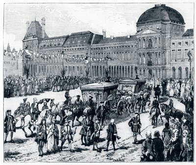 XV. Lajos élete: a király megérkezik a Palais des Tuileries-ba, ahol a királynő és a delfin várja – Genouillac „Párizsban az évszázadokon át” alkotó: French School