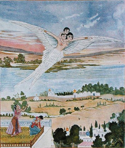 A két kicsi felemelése a levegőbe, illusztráció az „Arab éjszakák”-ból alkotó: French School