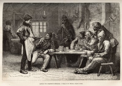Egy ontariói woodcheron tábor belseje, metszet D.Maillard rajza után, amely a kanadai és a Northern Red River-i kirándulást illusztrálja, H. De Lamotte 1873-ban, megjelent a „Le world tour”” 1875-ben. , szerkesztette Edouard alkotó: French School