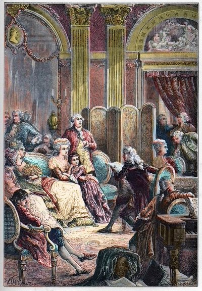 Irodalmi szalon – Jacques-Henri Bernardin, Saint-Pierre (Szent Pierre) „Paul és Virginie” felolvasása Madame Necker párizsi szalonjaiban – Necker asszony mellett, férje, Jacques Necker és lánya, Germaine, később Mme de. Stael - Előadás alkotó: French School