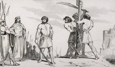 Lord Bodillont megkorbácsolják, miután panaszkodott II. Childeric (653-73) adóemeléséről, Colart „Histoire de France” című művéből, 1840 körül. alkotó: French School