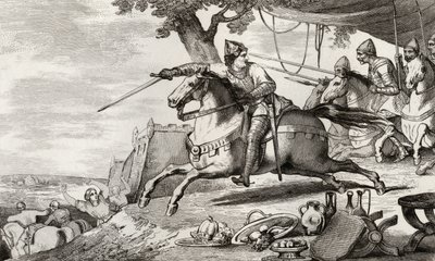 Lothar (941-86) csatába vezeti seregét, Colart "Histoire de France" című művéből, kiadva 1840 körül. alkotó: French School