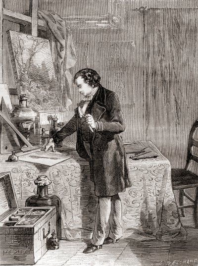 Louis-Jacques-Mandé Daguerre feltalálja a dagerrotípia fotográfiai eljárást a 19. században, a Les Merveilles de la Science című, 1870 körül megjelent kötetből (metszet). alkotó: French School
