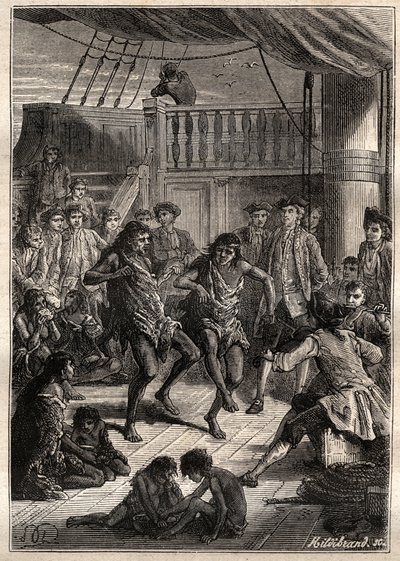 Louis Antoine, Bougainville grófja (1729-1811) fogadta a Bay Fortescue (Detroit of Magellan) lakóit „” La Boudeuse””” csónakjában 1768-ban - illusztráció a „A 18. századi nagy tengerészek” című könyvből. alkotó: French School