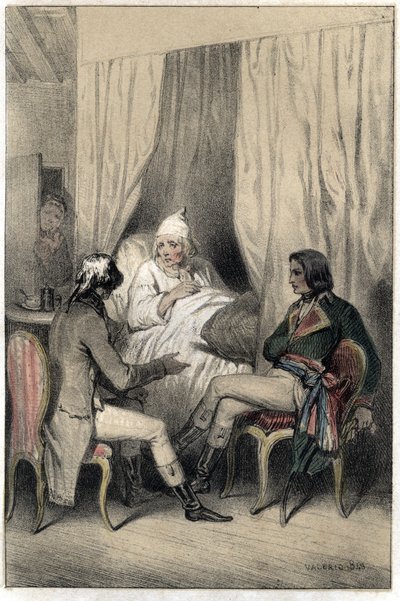 Louis Antoine Fauvelet de Bourienne (1769-1834), francia diplomata és adminisztrátor, valamint Napóleon Bonaparte tábornok (1769-1821) pénzt kért egy beteg öreg kapitalistától az olasz hadjáratra. A „” Scenes de la vie des hommes híres””” engravívból vett  alkotó: French School